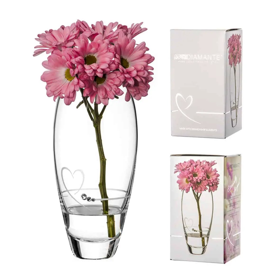 Diamante Petit Vase with Heart Design - 18cm - In Gift Box by Glassware UK
