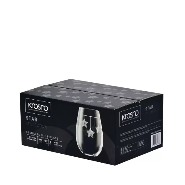 Krosno Star Stemless Wine Glasses - Silver Hanging Stars - 500ml - Set of 6 by Glassware UK