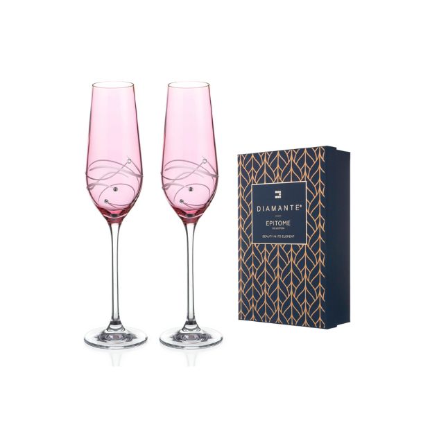 Diamante Pink Champagne Flutes with Spiral Design Cutting - Set of 2 - In Gift Box