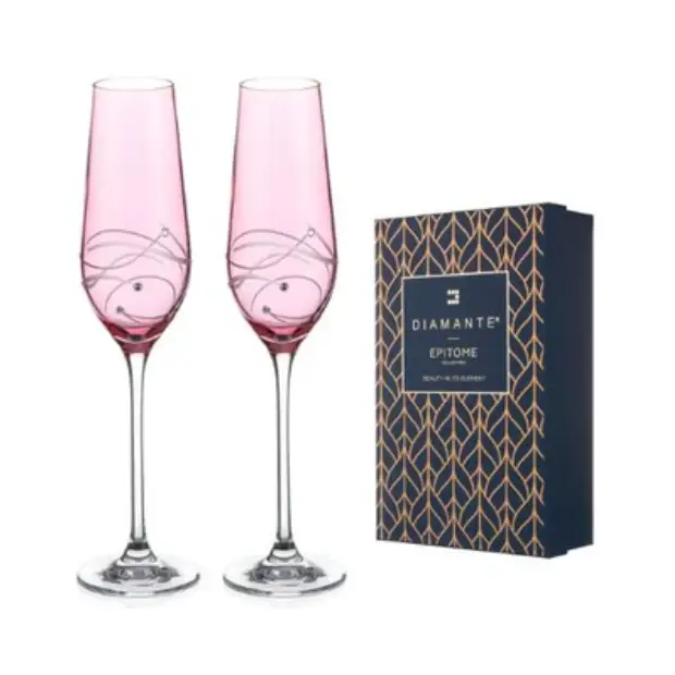 Diamante Pink Champagne Flutes with Spiral Design Cutting - Set of 2 - In Gift Box by Glassware UK