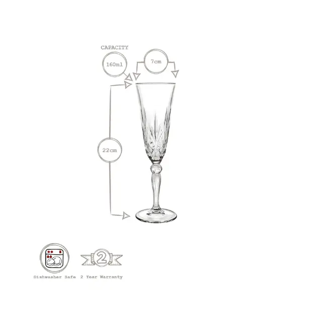 Melodia Glass Champagne Flutes - Set of 6 - 160ml by Glassware UK