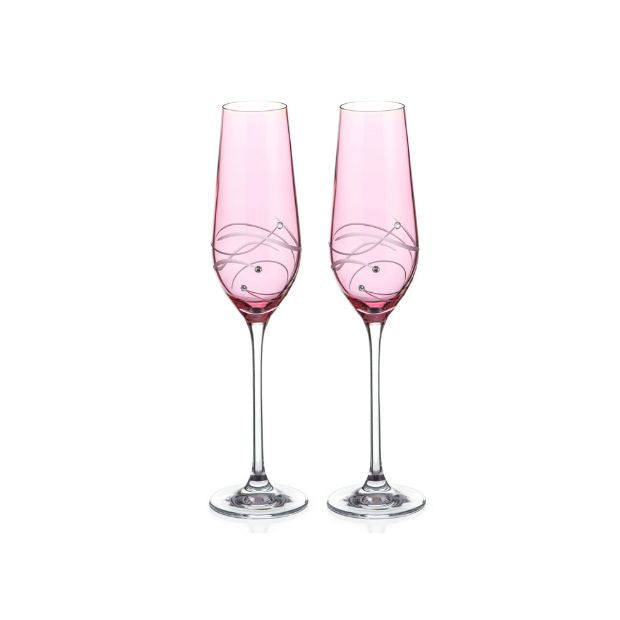 Diamante Pink Champagne Flutes with Spiral Design Cutting - Set of 2 - In Gift Box