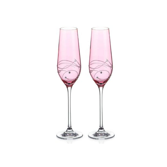 Diamante Pink Champagne Flutes with Spiral Design Cutting - Set of 2 - In Gift Box