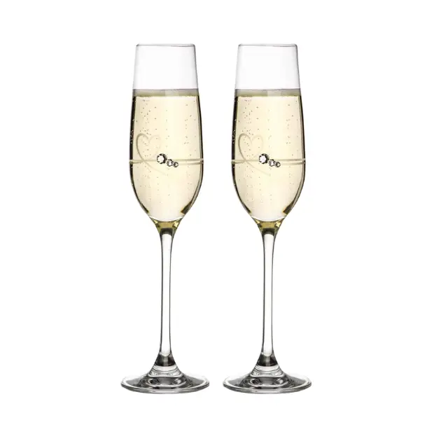 Diamante Petit Champagne Flutes with Heart Design - Set of 2 - In Gift Box by Glassware UK