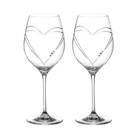 Diamante Wine Glasses with Heart Shaped Cut - Set of 2 - In Gift Box