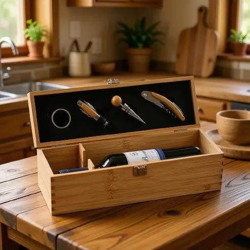 Bamboo Wine Box Gift Set - 4 Piece by Glassware UK