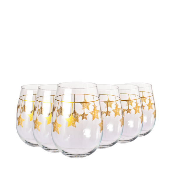 Krosno Star Stemless Wine Glasses - Gold Hanging Stars - 500ml - Set of 6