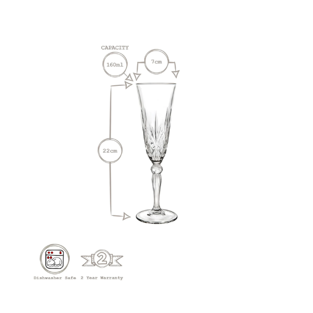 Melodia Glass Champagne Flutes - Set of 6 - 160ml
