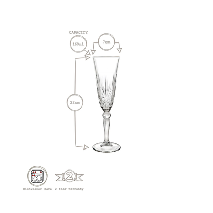 Melodia Glass Champagne Flutes - Set of 6 - 160ml