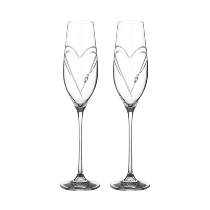 Diamante Champagne Flutes with Heart Shaped Cutting in an attractive Gift Box